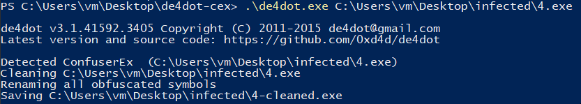 L'utilitaire de4dot-cex permet de dépacker l'exécutable obfusqué avec confuserEx