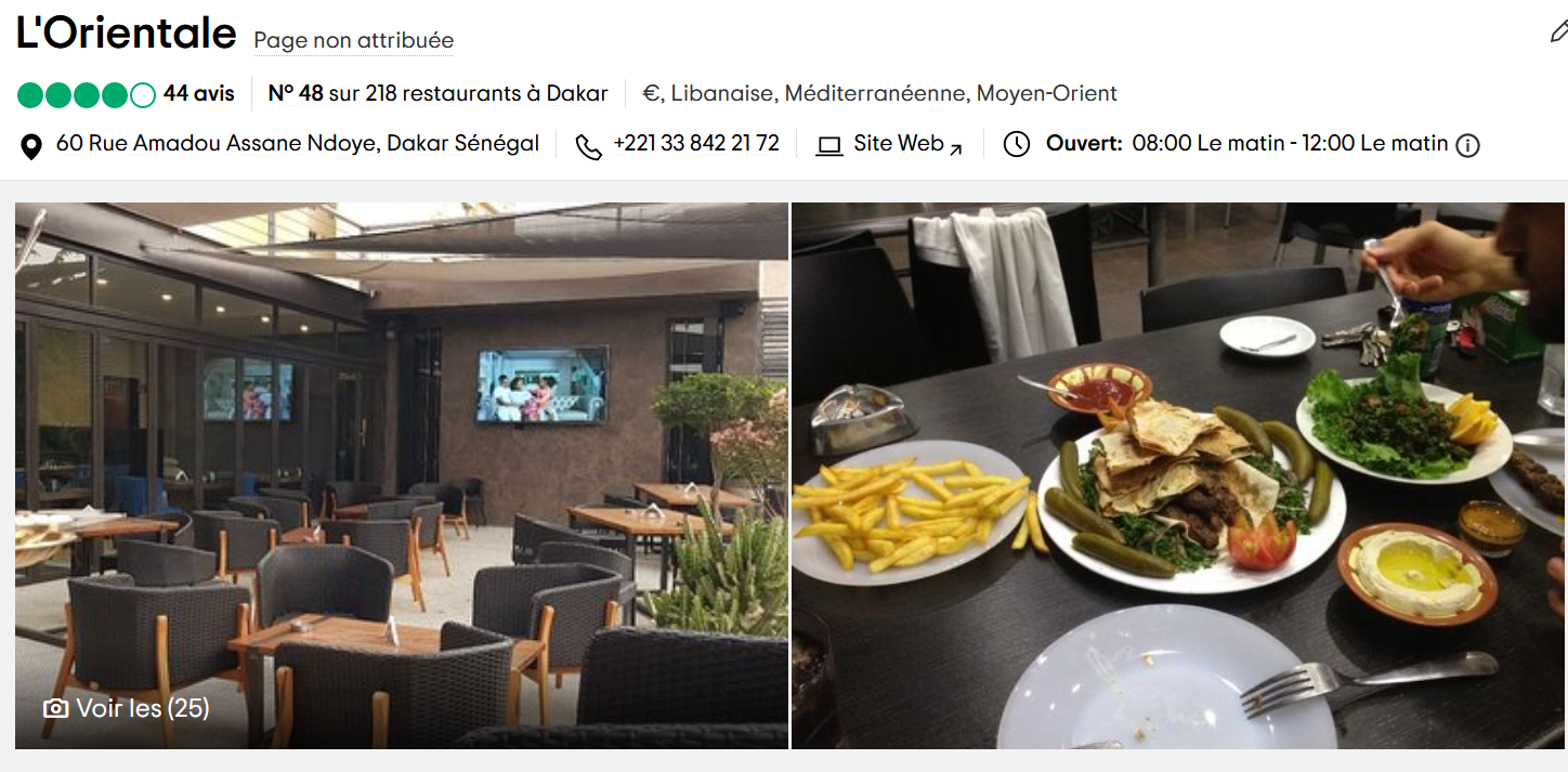 Page Tripadvisor du restaurant l'Orientale à Dakar au Sénégal