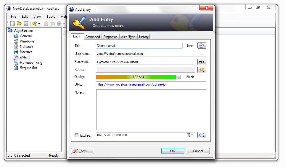 Tutoriel KeePass ajouter une nouvelle entrée détails